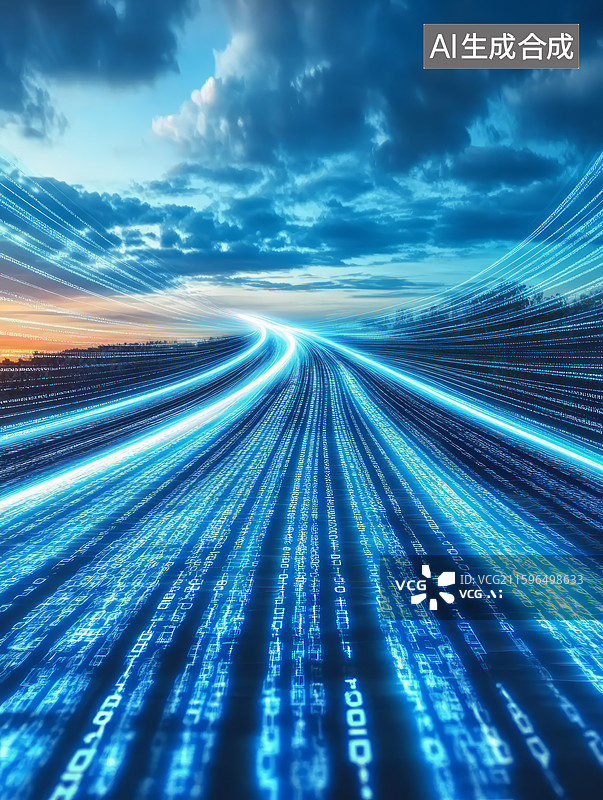 【AI数字艺术】抽象二进制数据流户外道路科技背景图片素材