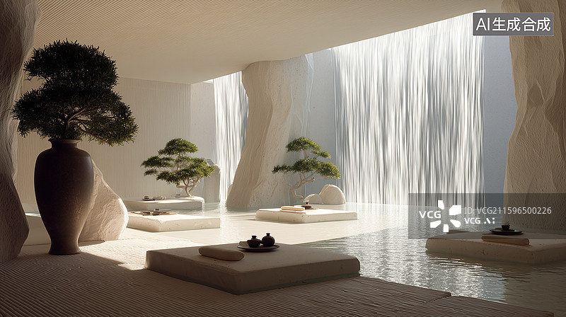 【AI数字艺术】白石水帘禅意室内景图片素材