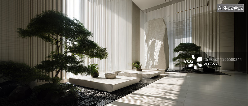 【AI数字艺术】白石水帘禅意室内景图片素材