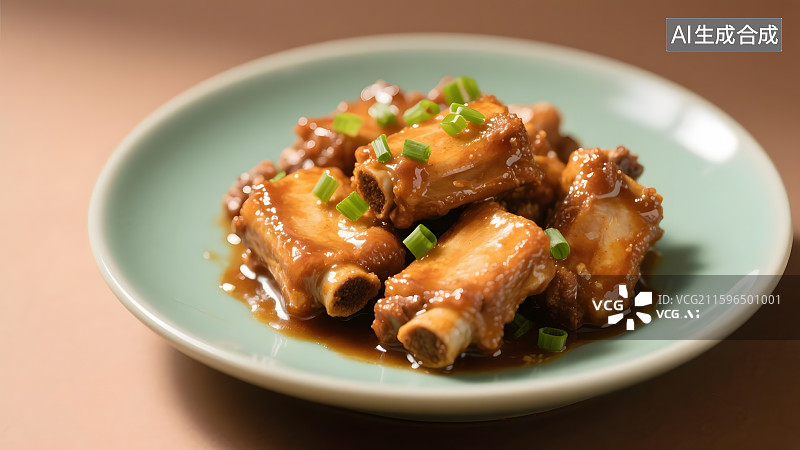 【AI数字艺术】青瓷盘中酸甜可口的糖醋排骨图片素材