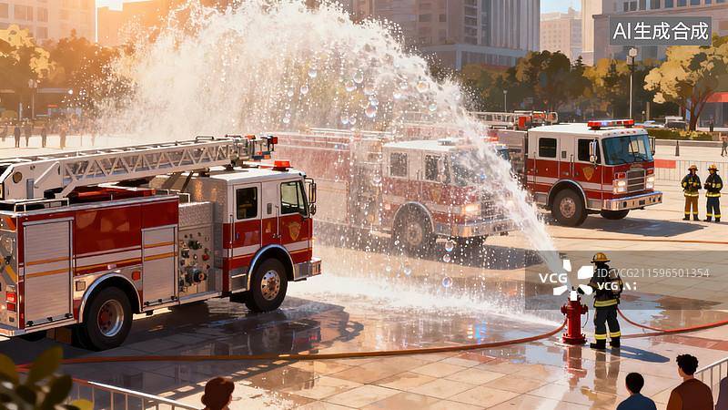 【AI数字艺术】消防演练：城市里的水与消防车图片素材