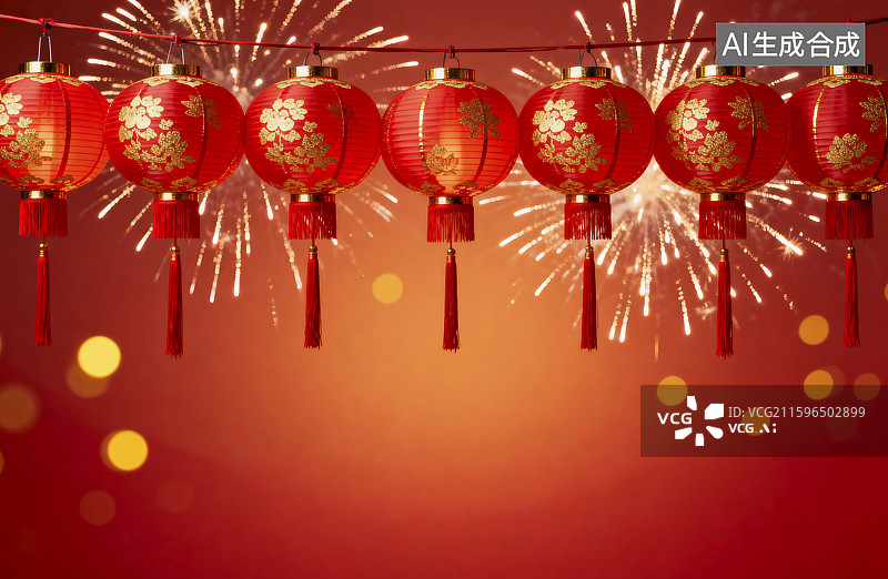 【AI数字艺术】喜庆春节红色灯笼与烟花图片素材