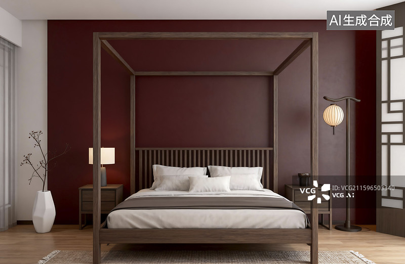 【AI数字艺术】现代卧室里的四柱床图片素材