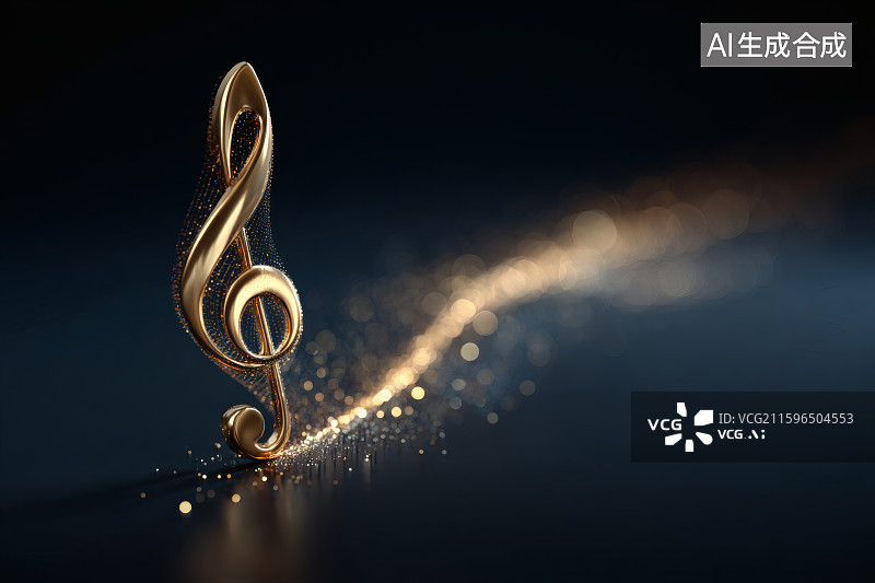 【AI数字艺术】黑夜中，金色的音符划过天空，留下轨迹图片素材