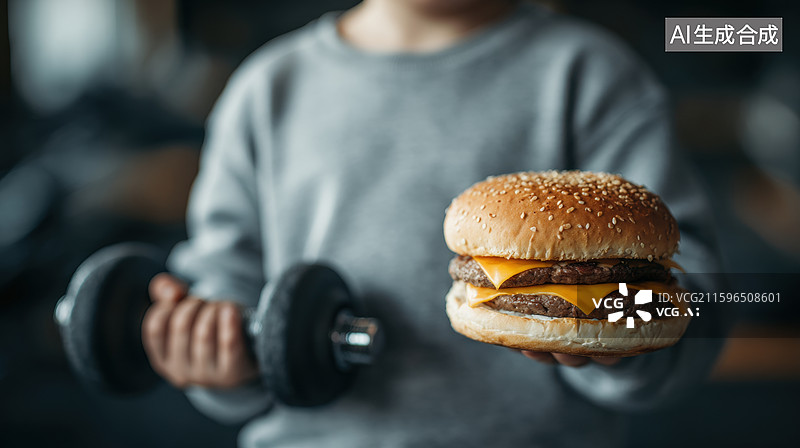 【AI数字艺术】手持汉堡与哑铃的人图片素材