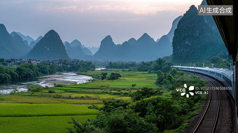 【AI数字艺术】高铁穿行于喀斯特山水间图片素材