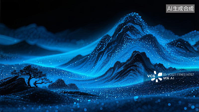 【AI数字艺术】国风抽象水墨山水发光粒子沙画图片素材