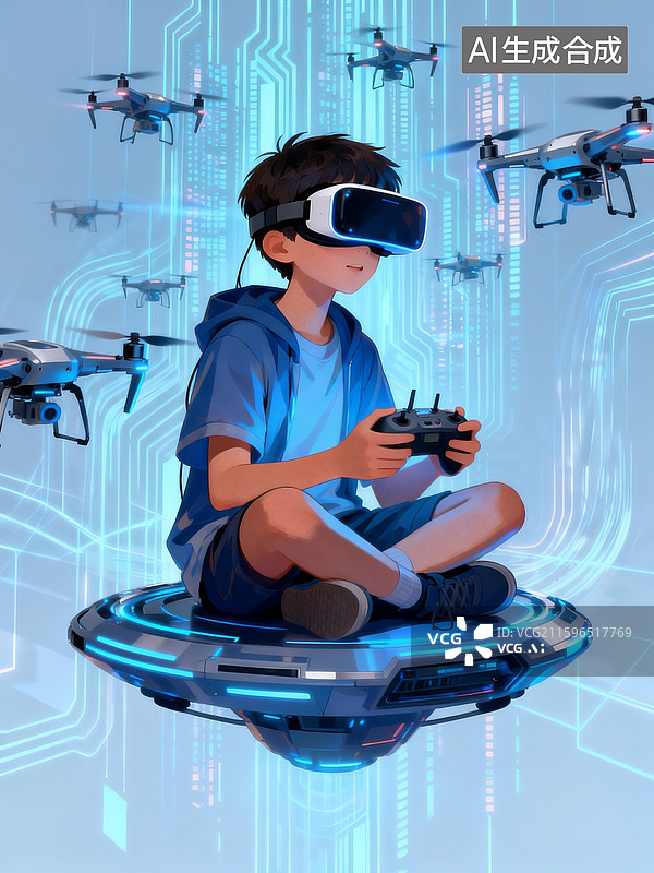 【AI数字艺术】3d眼镜操控无人机的小男孩图片素材