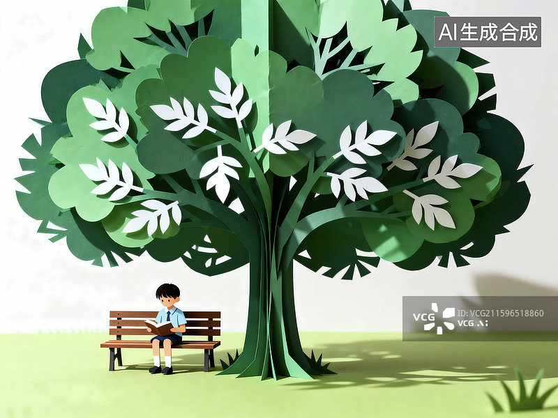 【AI数字艺术】立体纸雕树下长椅读书的男孩图片素材