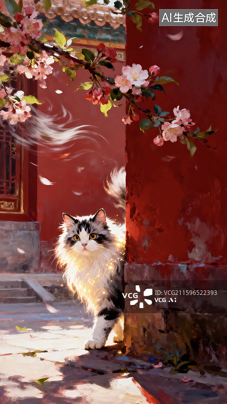 【AI数字艺术】春天海棠花小猫古建筑治愈系国风插画图片素材