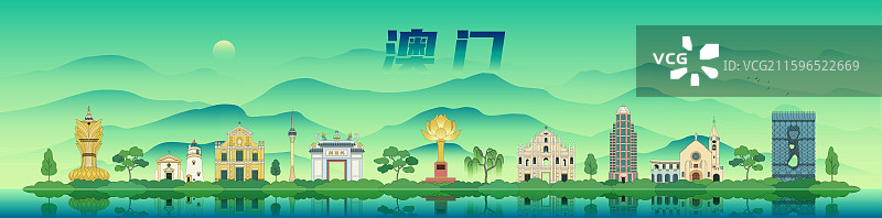 澳门城市建筑千里江山插画图片素材