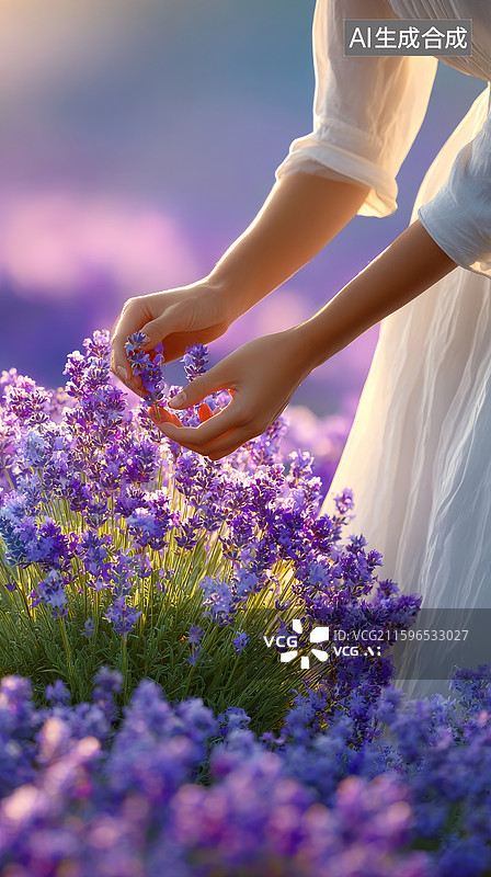 【AI数字艺术】女子身着白裙轻抚薰衣草图片素材