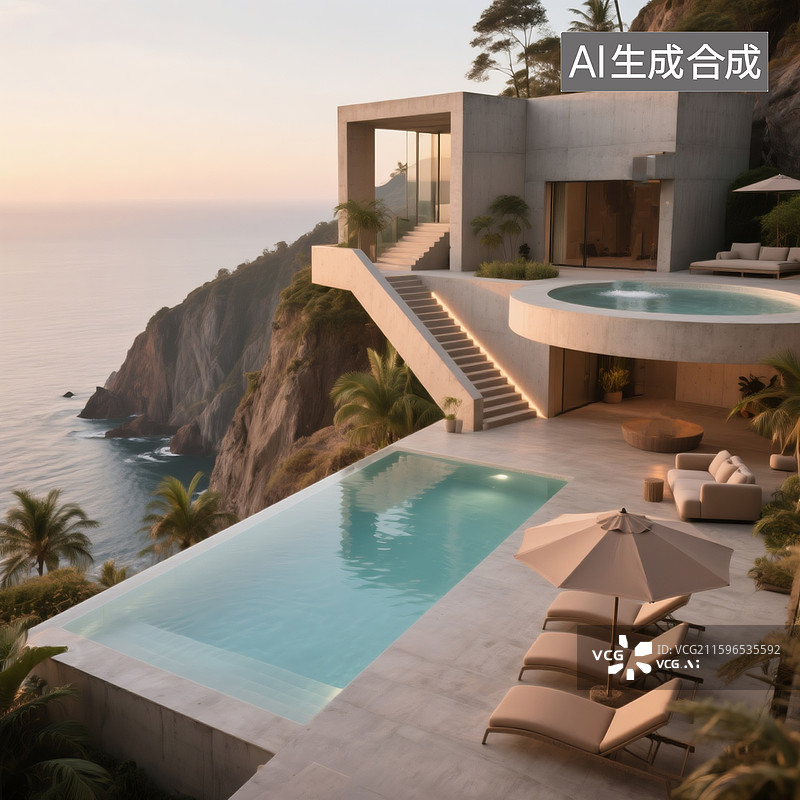【AI数字艺术】悬崖上现代极简独栋别墅民宿,清澈透明发光超长全透明泳池，泳池浅水区中流线型淡咖啡色躺椅图片素材