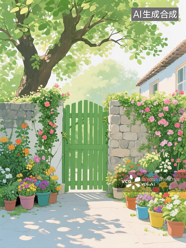 【AI数字艺术】绿意和繁花覆盖住的小院，阳光透过古树的枝叶洒下斑驳的光影，石砌外墙围住小院，墙上爬满了藤蔓花卉图片素材