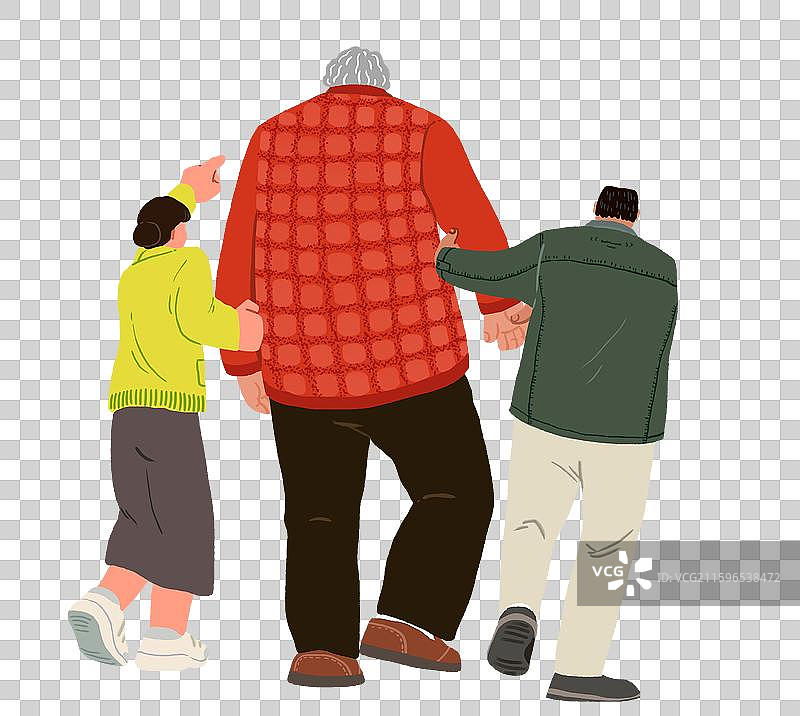 中年子女搀扶老迈母亲散步的背影图片素材