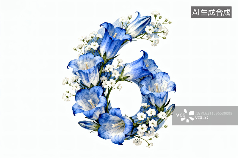 【AI数字艺术】白色背景，蓝色铃花和满天星组成的数字“6”图片素材