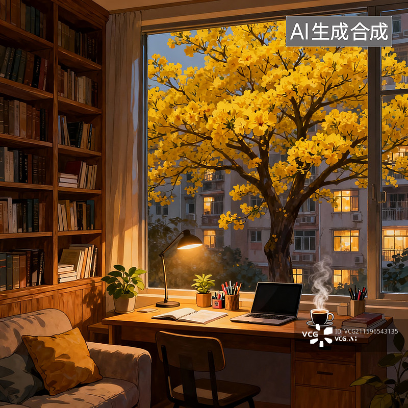 【AI数字艺术】书房窗风景，书房一侧是巨大的木质书架，有沙发，抱枕，书桌，巨大落地玻璃窗，窗外是高大的一树黄花风铃木图片素材