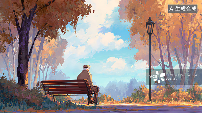 【AI数字艺术】公园里孤单坐在长椅上的老人图片素材