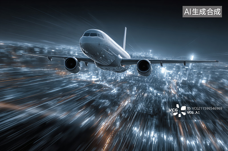 【AI数字艺术】城市夜景为背景，一只腾空而起的飞机图片素材