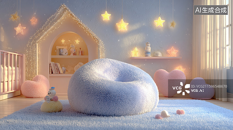 【AI数字艺术】梦幻儿童房内的毛绒座椅图片素材
