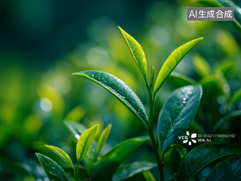 【AI数字艺术】新鲜绿茶茶叶的特写图片素材