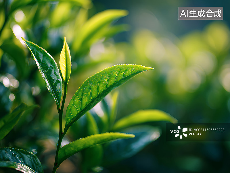 【AI数字艺术】新鲜绿茶茶叶的特写图片素材