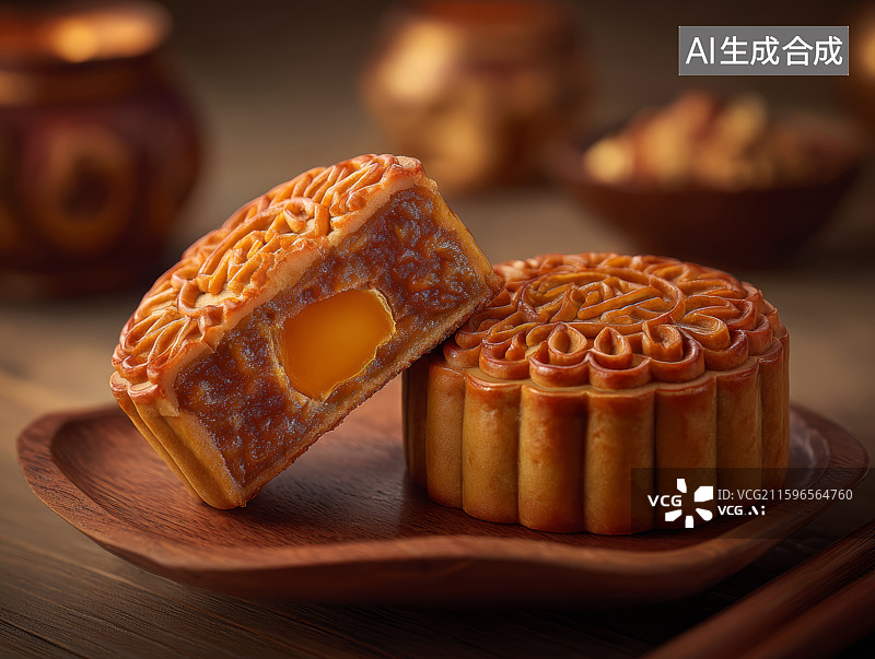 【AI数字艺术】传统中式咸蛋黄馅月饼图片素材