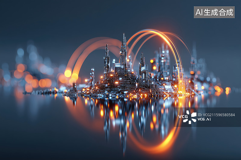 【AI数字艺术】航拍明亮金属质感现代科技城市建筑3D立体图像图片素材