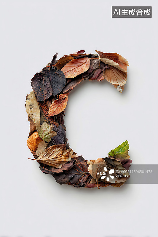 【AI数字艺术】秋天枯黄树叶组成的英文大写字母C图案扁平背景插画图片素材