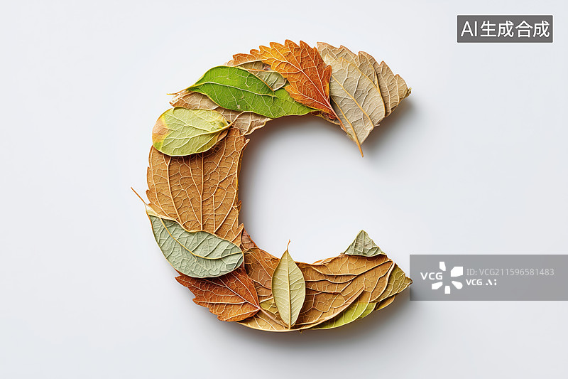 【AI数字艺术】秋天枯黄树叶组成的英文大写字母C图案扁平背景插画图片素材