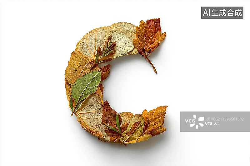 【AI数字艺术】秋天枯黄树叶组成的英文大写字母C图案扁平背景插画图片素材