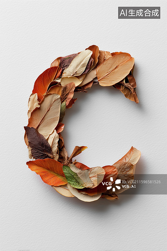【AI数字艺术】秋天枯黄树叶组成的英文大写字母C图案扁平背景插画图片素材