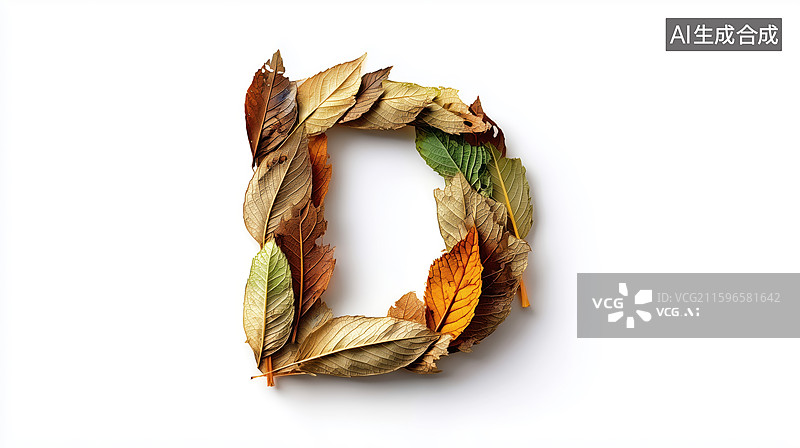 【AI数字艺术】秋天枯黄树叶组成的英文大写字母D图案扁平背景插画图片素材