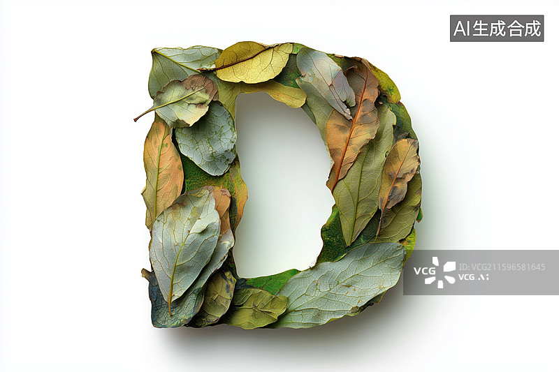 【AI数字艺术】秋天枯黄树叶组成的英文大写字母D图案扁平背景插画图片素材
