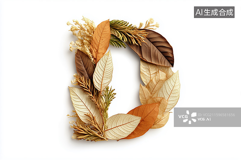 【AI数字艺术】秋天枯黄树叶组成的英文大写字母D图案扁平背景插画图片素材