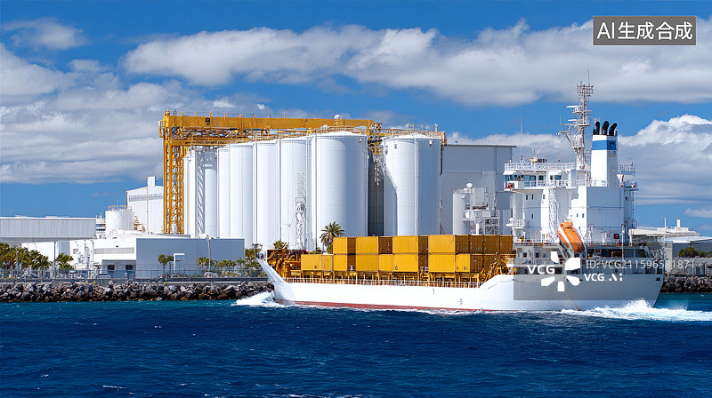 【AI数字艺术】港口大型货船与工业筒仓图片素材