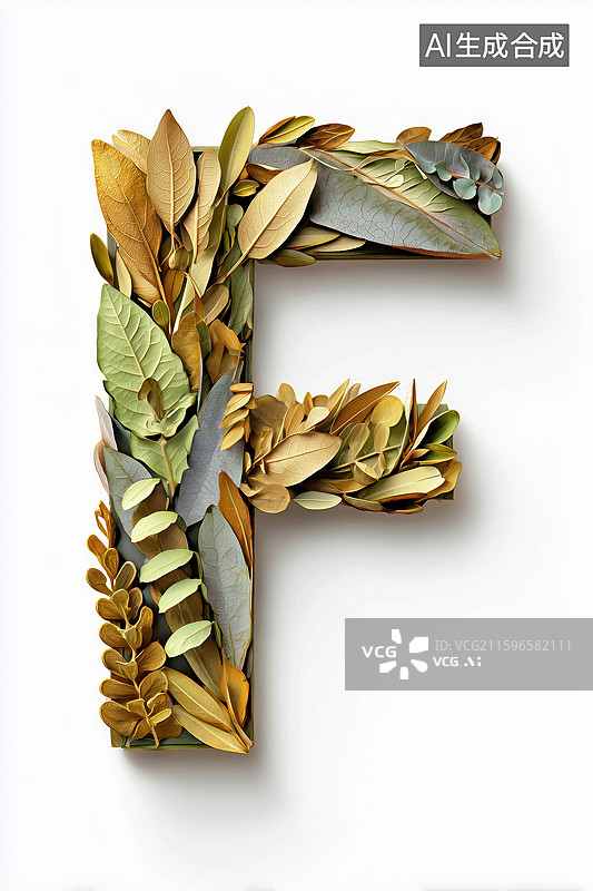 【AI数字艺术】秋天枯黄树叶组成的英文大写字母F图案扁平背景插画图片素材