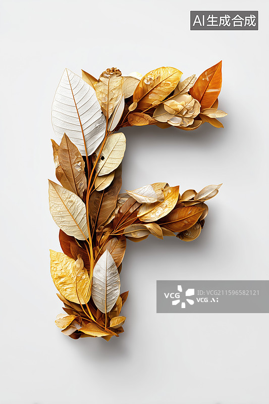【AI数字艺术】秋天枯黄树叶组成的英文大写字母F图案扁平背景插画图片素材