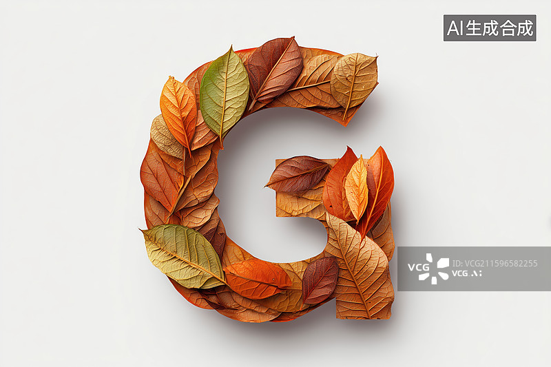 【AI数字艺术】秋天枯黄树叶组成的英文大写字母G图案扁平背景插画图片素材