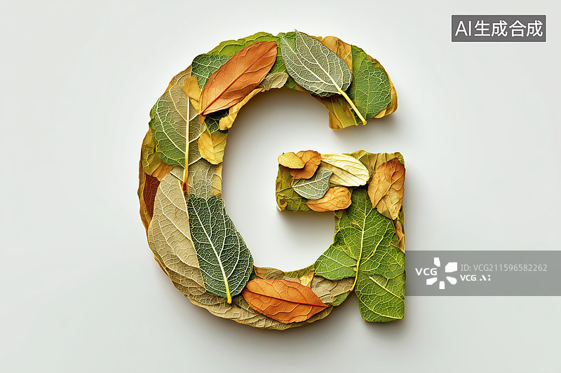 【AI数字艺术】秋天枯黄树叶组成的英文大写字母G图案扁平背景插画图片素材