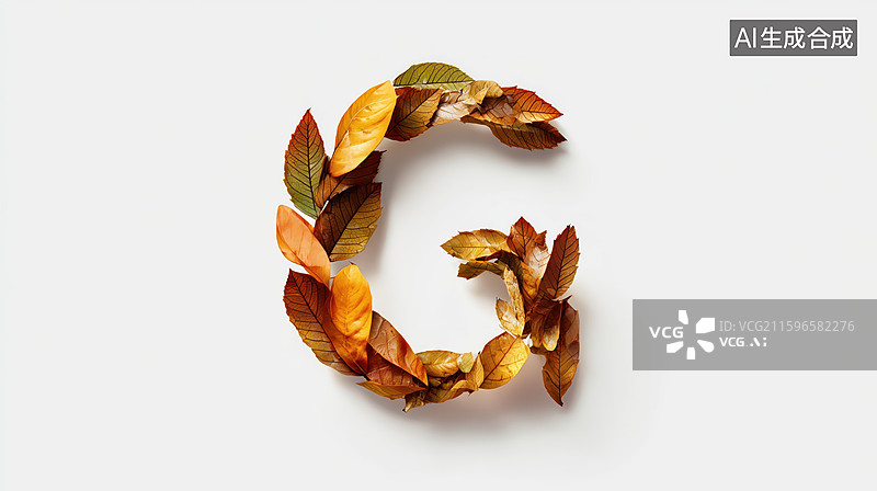 【AI数字艺术】秋天枯黄树叶组成的英文大写字母G图案扁平背景插画图片素材