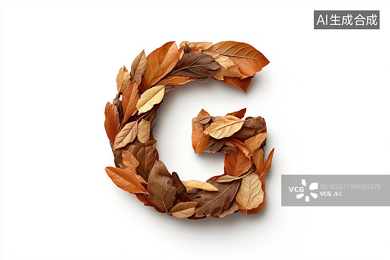 【AI数字艺术】秋天枯黄树叶组成的英文大写字母G图案扁平背景插画图片素材