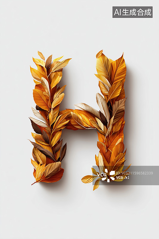 【AI数字艺术】秋天枯黄树叶组成的英文大写字母H图案扁平背景插画图片素材