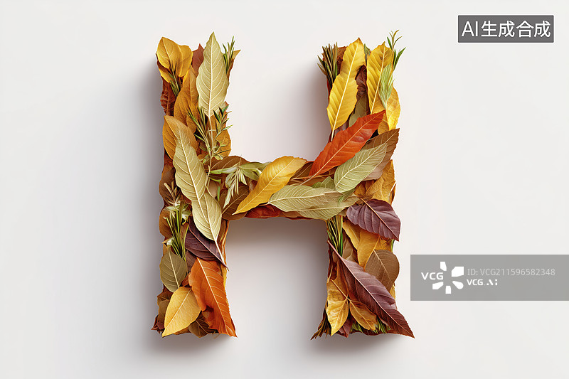 【AI数字艺术】秋天枯黄树叶组成的英文大写字母H图案扁平背景插画图片素材