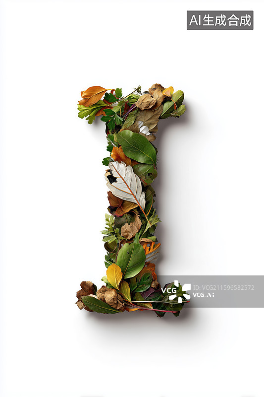 【AI数字艺术】秋天枯黄树叶组成的英文大写字母I图案扁平背景插画图片素材