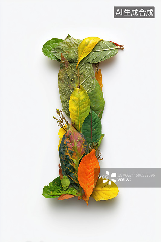 【AI数字艺术】秋天枯黄树叶组成的英文大写字母I图案扁平背景插画图片素材