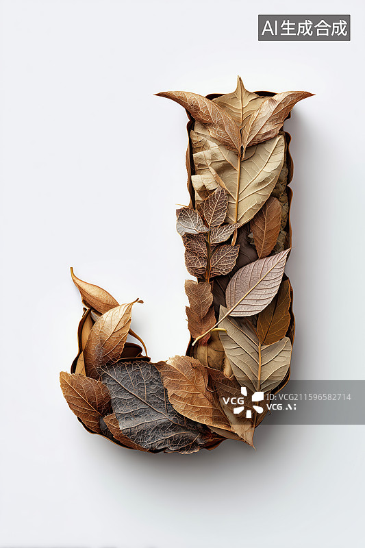 【AI数字艺术】秋天枯黄树叶组成的英文大写字母J图案扁平背景插画图片素材