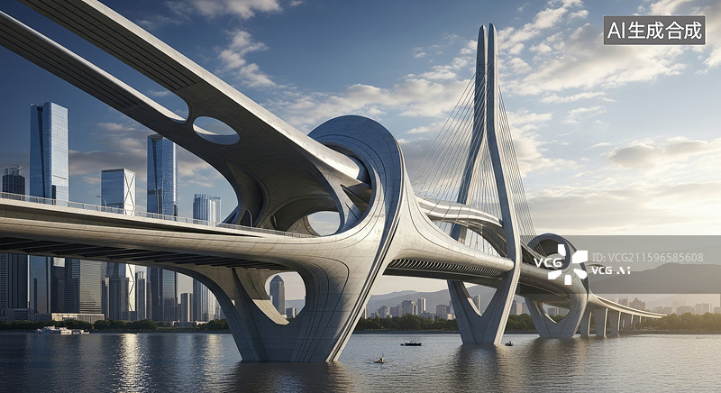 【AI数字艺术】现代风格跨河悬索桥图片素材