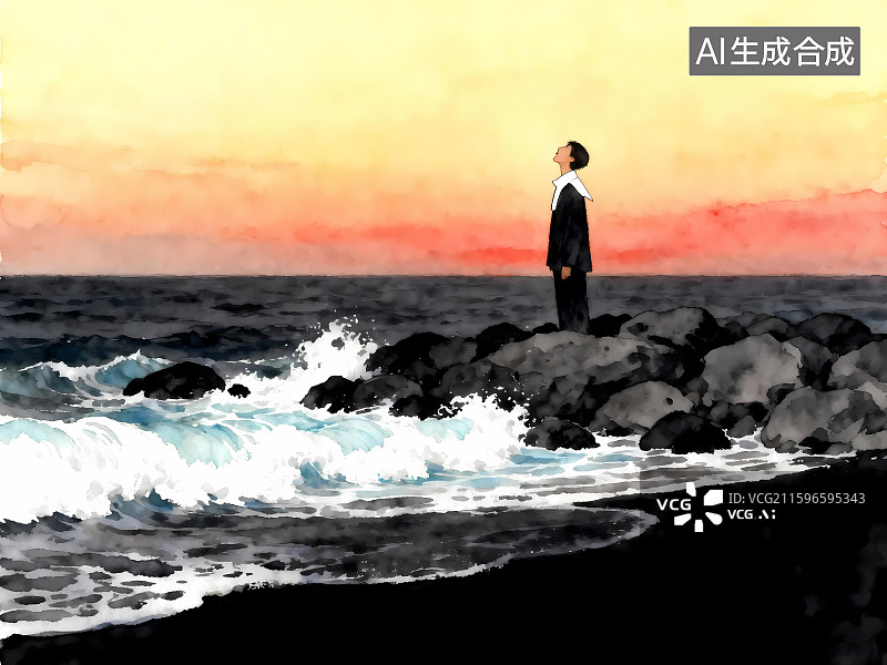 【AI数字艺术】歌唱，诗签配图，展现夜海礁石上的人歌唱，饱含对日出与活着的深情。图片素材