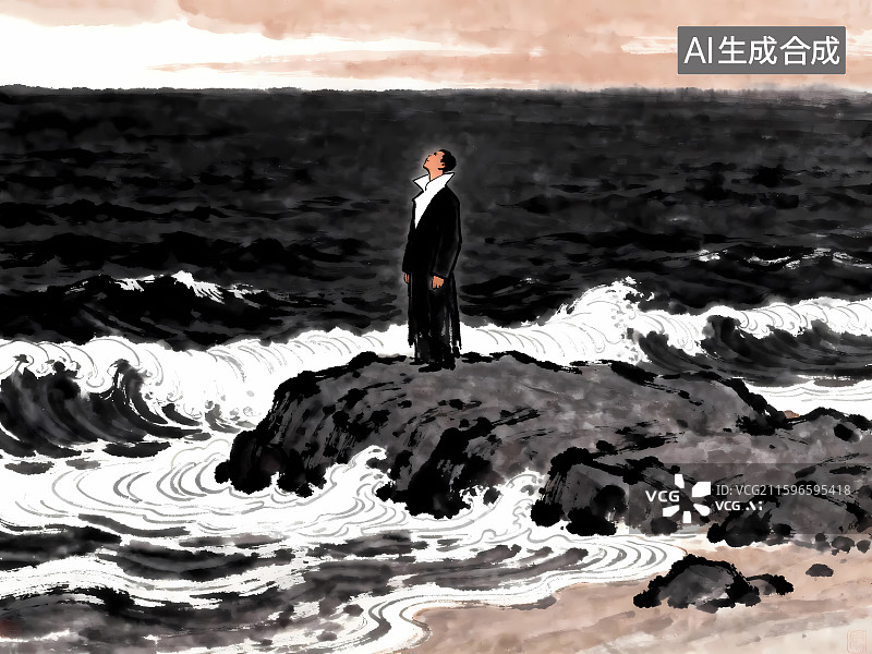【AI数字艺术】歌唱，诗签配图，展现夜海礁石上的人歌唱，饱含对日出与活着的深情。图片素材